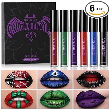 BOBISUKA Juego de 6 lápices labiales líquidos de Halloween, alta pigmentación, negro mate, azul, verde, morado, rojo, kit de brillo de labios, impermeable, a prueba de manchas, para cosplay, disfraz