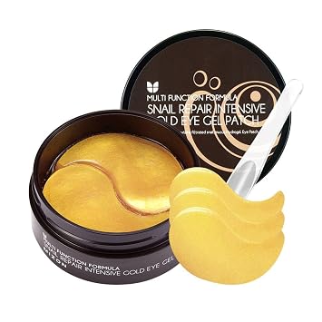 MIZON Parches para debajo de los ojos para ojos hinchados y ojeras, oro de 24K y mucina de caracol, 60 piezas – Fórmula de colágeno y péptidos antiarrugas – Mascarilla coreana hidratante para la