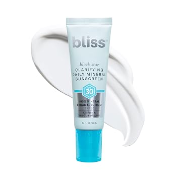 Bliss Block Star Clarifying - Protector solar mineral diario de amplio espectro SPF 30, fórmula mezclable segura para poros para piel propensa a imperfecciones con ácido salicílico y hamamelis, 1.4 Fl
