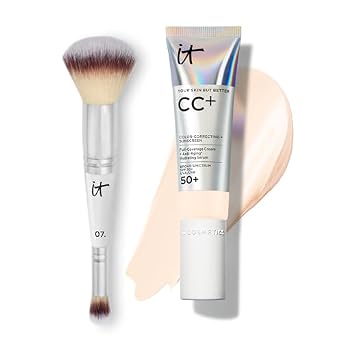 IT Cosmetics CC+ Crema con SPF 50+ Base de cobertura completa con acabado natural (Fair Porcelain - 1.08 fl oz) y corrector 2 en 1 y brocha de base #7 para pulir y mezclar maquillaje facial
