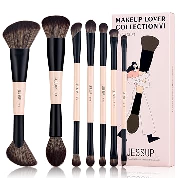 Jessup Juego de brochas de maquillaje, 7 piezas, brochas de doble cara para base, corrector, colorete, sombra de ojos, contorno, bronceador, polvo, mezcla, ceja, delineador, brochas de maquillaje