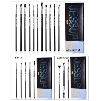 Jessup Brochas de maquillaje profesionales: delineador de ojos T324, labio T325, sistema de cepillo de cejas T326