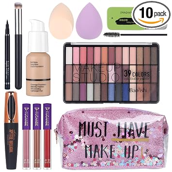 Kit de Maquillaje Completo para Mujeres - Paleta de Sombras de Ojos Nude Ahumadas de 39 Colores, Base Líquida + Brocha Correctora, Rímel Negro y Lápiz Delineador de Ojos, Set de Labial Líquido Mate