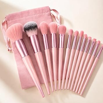 13-Piece Makeup Brush Set with Drawstring Pouch, Face & Eye Brushes(Pink)