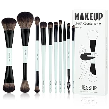 Jessup Juego de brochas de maquillaje, 10 piezas, doble cara para base, contorno, rubor, iluminación, mezcla de cejas, sombra de ojos, delineador de ojos, cepillo corrector, cian brillante, sin