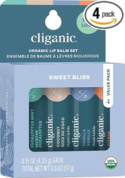 Cliganic Set de bálsamo labial orgánico, 4 sabores, hidratante natural para labios agrietados y secos