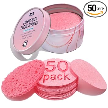 AOA Studio 50 esponjas faciales comprimidas, esponjas cosméticas 100% naturales para limpieza facial, mascarilla exfoliante, quitar para maquillaje, piel muerta y suciedad (50 unidades, rosa)