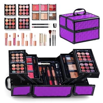 Color Nymph Kit de maquillaje todo en uno para niñas y adolescentes, juego de maquillaje con 4 bandejas, estuche espacioso tipo tren espacial para principiantes con sombra de ojos, iluminador, brillo