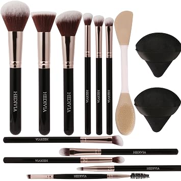 Juego de 14 brochas de maquillaje negras, profesionales, sintéticos, corrector, colorete, sombra de ojos con 2 polvos y aplicador de máscara de doble extremo, regalos para mujeres
