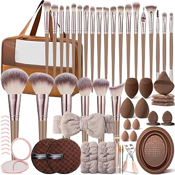 KUORYZAL Juego de brochas de maquillaje marrón profesional, 63 piezas con estuche sintético prémium para base, corrector, rubor, sombra de ojos, polvo, contorno de maquillaje, kit de brochas de maquillaje para ojos y cara