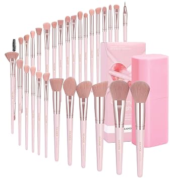 MAANGE Juego de 30 brochas de maquillaje profesional con estuche, pinceles sintéticos de primera calidad para base, polvo, rubor, sombra de ojos y mezcla, rosa