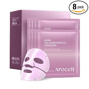 AROCELL Super Collagen 2.0 ECM Active Overnight Collagen Mask with 173Da Collagen, PDRN & NAD | Reafirmante, levantamiento, relleno y elasticidad | Cuidado de la piel de vidrio coreano | 1.52 oz x 8