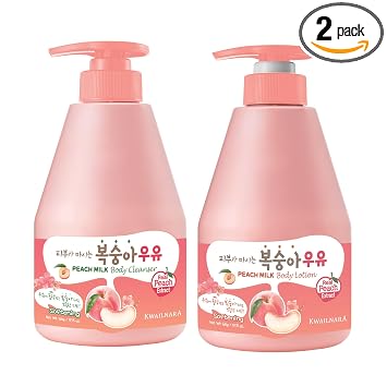 Kwailnara WELCOS Loción corporal y gel de ducha de leche de melocotón – Juego de cuidado de la piel hidratante y nutritivo coreano con extracto de melocotón, 560g / 19.75oz cada uno