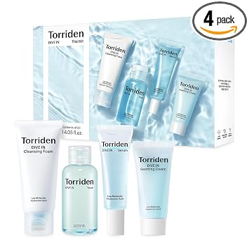 Torriden Kit de prueba DIVE IN | Kit de cuidado diario de la piel con infusión de ácido hialurónico - Régimen de 4 pasos con limpiador de espuma, tónico facial, suero y crema | Esencial de viaje | Set coreano para el cuidado de la piel