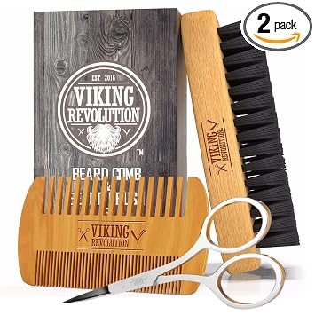 Viking Revolution Juego de peine para barba y cepillo para barba para hombres, cepillo de cerdas de jabalí natural y peine de madera de pera de doble acción con bolsa de viaje de terciopelo, ideal