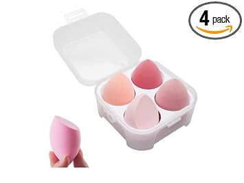 Sinen Juego de 4 esponjas de maquillaje para uso seco y húmedo, esponja de mezcla para líquido, crema y polvo con caja de soporte para huevos