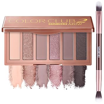 SUSIKEKI Paleta de sombras de ojos neutras con pincel, paleta de sombras de ojos mini mate y brillante, tonos rosa rosa nude, altamente pigmentado, ultra mezclable, de larga duración para looks