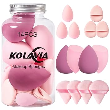 Juego de 14 esponjas de maquillaje, esponja mezcladora de belleza para mezcla de base con 3 mini esponjas de maquillaje y 4 borlas triangulares de polvo, esponjas de maquillaje suaves, aplicadores