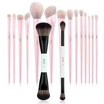 Jessup Pinceles de maquillaje rosa 14pcs T495 incluido con doble cara cepillo de maquillaje conjunto T502