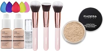 PHOERA - Juego de base de maquillaje para mujer, cobertura completa, base de maquillaje facial, brocha para polvo, polvo facial de base PHOERA, polvo suave para fijar el enfoque