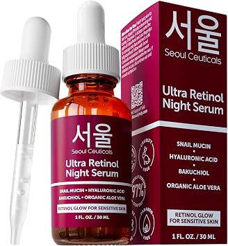 SeoulCeuticals Suero nocturno de retinol coreano al 1% para la cara, 97.5% de mucina de caracol + ácido hialurónico + bakuchiol, belleza K sin crueldad para pieles sensibles, 1 onza