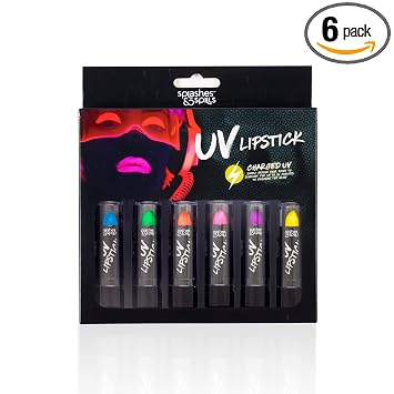 splashes & spills Lápiz labial UV Blacklight – Paquete de 6 colores variados, 0.14 oz – Día o Noche, Clubbing o Maquillaje de Disfraz