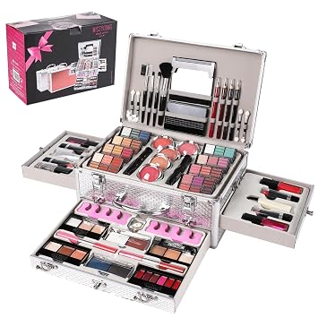 Kit de maquillaje todo en uno para adolescentes, kit de maquillaje profesional de 106 piezas para mujeres, incluye paleta de sombras de ojos, juego de lápiz labial, corrector, base, brillo de labios, cepillo de maquillaje (plateado)