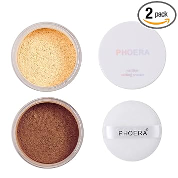 2 unidades de polvo de ajuste PHOERA, aceite de control para iluminar la piel, cubierta de color de manchas para la cara, polvo suelto (03# plátano y 04# medio profundo)