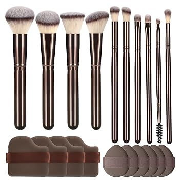 10 Piezas de Brochas de Maquillaje Negro Marrón y 10 Piezas de Esponja de Maquillaje – Mango de Madera, con Cerdas Sintéticas Suaves, |Juego de Brochas de Maquillaje Profesional para Mujeres