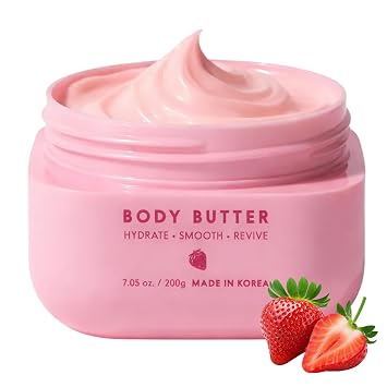 Mantequilla corporal de colágeno con leche de fresa, probada por dermatólogos, cuidado de la piel coreano antienvejecimiento, humedad profunda para una piel suave y húmeda y textura suave, hidratante corporal vegana y limpia, 7 onzas líquidas