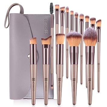 HEYMKGO Brochas de maquillaje, 15 unidades, color dorado champán, juego de brochas de maquillaje profesional, brocha para base, difuminar, rubor, corrector de ojos, cepillo de maquillaje con bolsa
