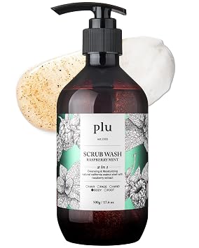 PLU Scrub Body Wash Frambuesa Menta – Limpiador Coreano Exfoliante Coreano – Piel Hidratante, Nutritiva, Resplandor Radiante – Bayas Dulces y Frescas y Aroma a Menta – Hipoalergénico, 16.9 onzas