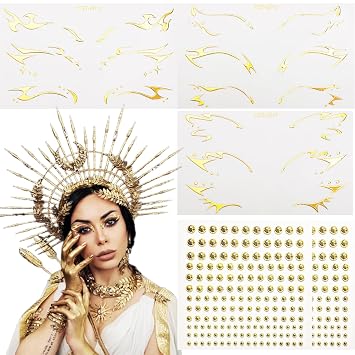 Paquete de 5 calcomanías de delineador de ojos dorado con gemas de cara dorada, juego de maquillaje de diosa futurista Cyber Punk para mujeres y niñas, Halloween, Cyber Punk Y3K, cosplay, rave