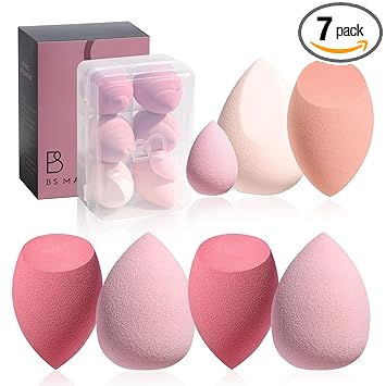 Juego de esponjas de maquillaje BS-MALL con estuche de almacenamiento, 7 piezas para líquidos, crema y polvo, base SAVE con 1 mini esponja de maquillaje para uso diario de viaje (A-rosa)