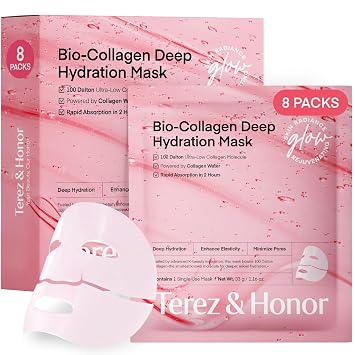 TEREZ & HONOR Real Deep Bio Collagen - Mascarilla facial de 8 x 1.16 oz de hidrogel coreano para hidratación profunda, brillo, minimización de poros, elasticidad, sin fragancia, colágeno molecular ultrabajo de 100 Da