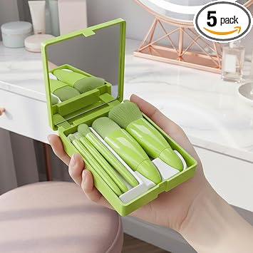 5Pcs Travel Makeup Brush Set, Portable Mini Makeup Brushes with Mirror Case for Foundation Powder Blush Eyeshadow Concealer, Green