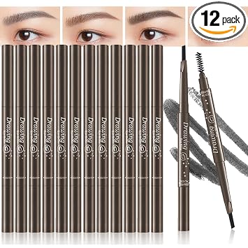 12 lápices de cejas 2 en 1 con punta y pincel con lápiz de cejas retráctil e impermeable para mujeres y principiantes (negro)