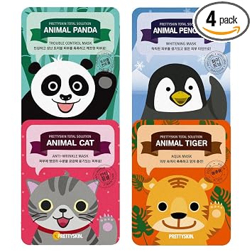PRETTYSKIN Juego de mascarillas coreanas (paquete de 4) – Hidratante, calmante, elasticidad y cuidado del tono de piel – Divertidas máscaras faciales de diseño animal con niacinamida, árbol de té