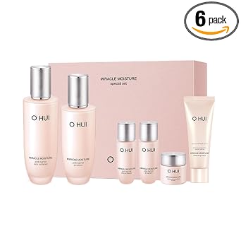 O HUI Miracle Moisture Set | Juego coreano para el cuidado de la piel, 2 de tamaño completo + 4 artículos esenciales de viaje | Ayuda a fortalecer la barrera de la piel, piel brillante, piel de vidrio, loción suavizante, lavado facial, emulsión | Ceramida,