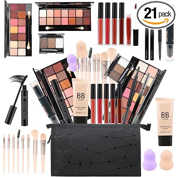 KARUIZI Juego de regalo de maquillaje todo en uno para mujer, kit completo para paletas de sombras de ojos de 2 x 14 colores, 5 juegos de brillo de labios, rímel, delineador de ojos, polvo de cejas