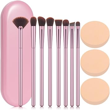 Juego de 8 brochas de maquillaje, sombra de ojos premium, 3 bocanadas, estuche rosa 12 en 1