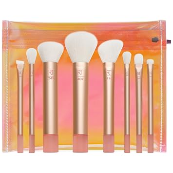 Real Techniques The Wanderer - Juego de brochas de maquillaje de 9 piezas, para sombra de ojos líquida, crema y polvo, base, corrector, rubor y contorno, pinceles de viaje de tamaño medio, sin