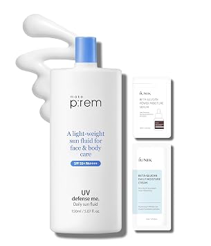 MAKEP: REM Protección solar UV Defense Me Blue Ray Sun Fluid 200 ml / 6.76 oz líquidas, crema humectante o limpiador de 20 ml y Whamisa Tóner orgánico 40 ml, SPF 50 + PA, protector solar para cara y cuerpo
