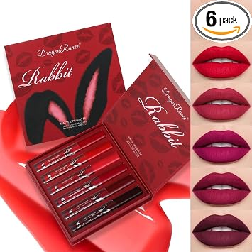 Juego de 6 lápices labiales líquidos mate, brillo de labios rojo con lápices labiales de larga duración e impermeables para mujeres, regalo de maquillaje de labios (conejo rojo, 6 piezas)