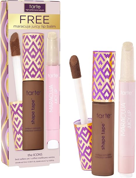 Dúo de corrector de cinta con forma de tarte Icons y labios jugosos de maracuja: corrector de cobertura total con bálsamo labial hidratante y nutritivo, vegano y libre de crueldad animal, tamaño completo, 57N rico y girasol