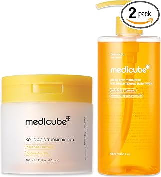 medicube Jabón corporal de ácido kójico y Prep Duo: almohadillas de tóner de cúrcuma de ácido kójico y gel de baño de cúrcuma | Rutina simple de limpieza y deslizamiento para una piel corporal de aspecto brillante