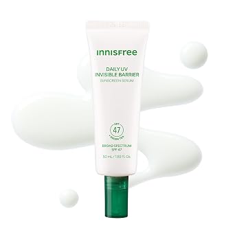 innisfree Suero protector solar de barrera invisible UV diario, amplio espectro SPF 47 con té verde, protector solar coreano ligero e hidratante para la cara, adecuado para pieles sensibles y todo