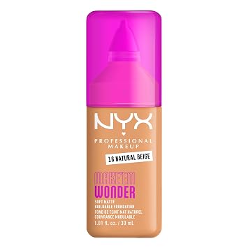 NYX PROFESSIONAL MAKEUP Make 'Em Wonder - Base de maquillaje líquida 24 horas con un acabado mate suave, cobertura completa para construir, 16 unidades, color beige natural
