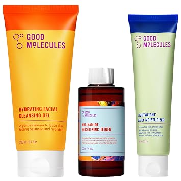 Good Molecules Set de cuidado de la piel limpia, tonifica e hidrata – Gel limpiador facial hidratante (6.8 fl oz), tóner iluminador de niacinamida (4.1 fl oz) y hidratante diario ligero (3.4 fl oz)