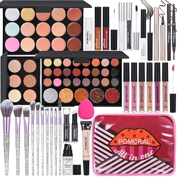 Kit de Maquillaje para Mujeres Kit Completo Sombra de Ojos Delineador de Ojos Brillo Labial, Lápiz Labial Brochas de Maquillaje Rímel Lápiz de Cejas Corrector Polvo Facial Prebase Conjunto de